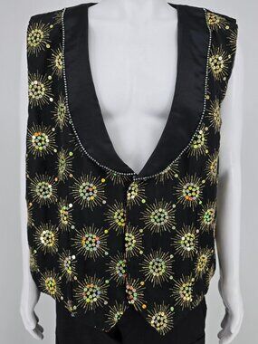 Vintage 1990s Rivars Stagewear Black Sunburst Sequin Rhinestone Trim Vest (XXL)